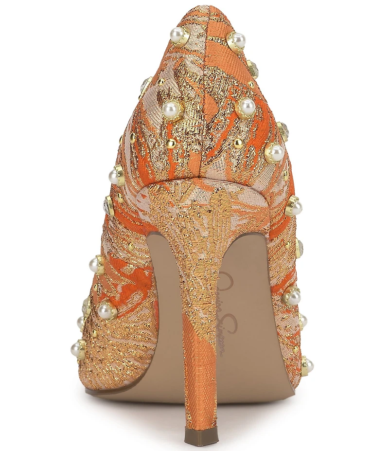 Jessica Simpson Welica Studded Metallic Brocade Pearl Embellished Pumps