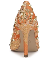 Jessica Simpson Welica Studded Metallic Brocade Pearl Embellished Pumps