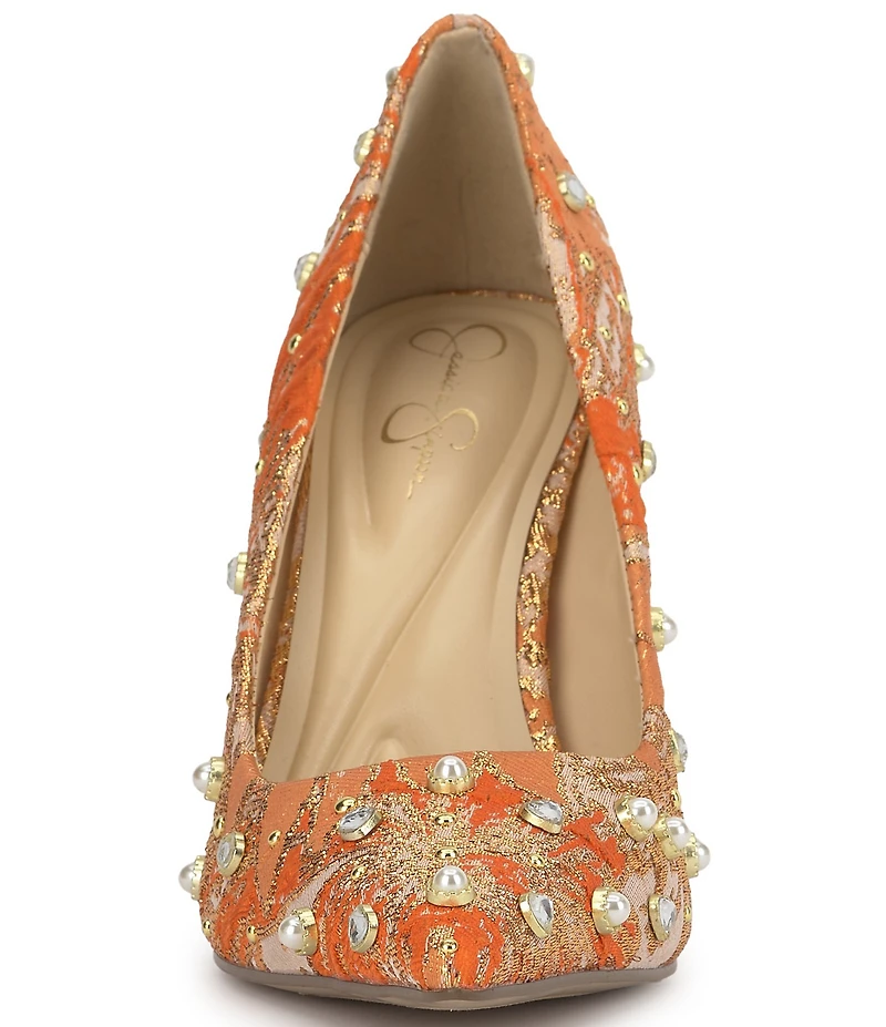 Jessica Simpson Welica Studded Metallic Brocade Pearl Embellished Pumps