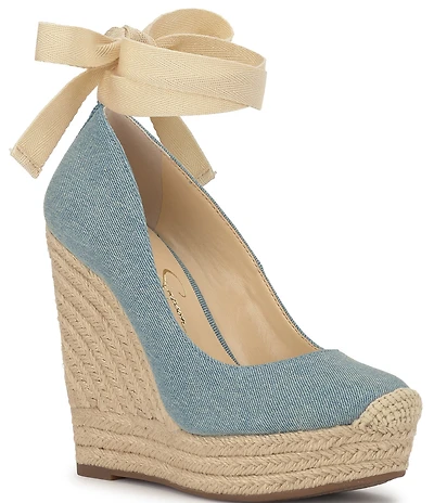 Jessica Simpson Zexie Denim Ankle Wrap Espadrille Wedge Pumps