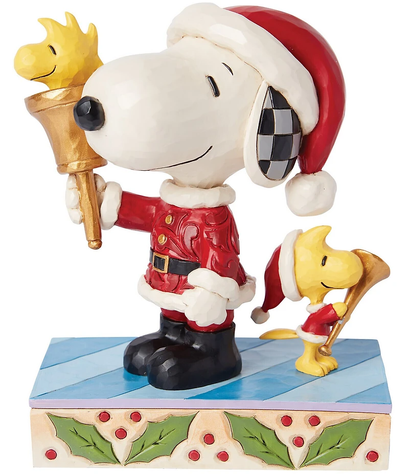 Jim Shore Peanuts Collection Santa Snoopy with a Bell & Santa Woodstock with a Horn Figurine