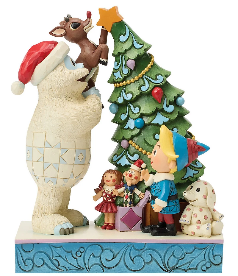Jim Shore Rudolph Traditions Battery-Operated Light-Up Bumble Holding Rudolph by Tree Figurine