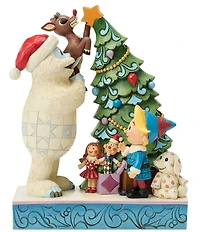 Jim Shore Rudolph Traditions Battery-Operated Light-Up Bumble Holding Rudolph by Tree Figurine