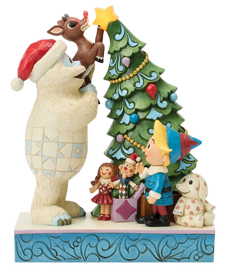 Jim Shore Rudolph Traditions Battery-Operated Light-Up Bumble Holding Rudolph by Tree Figurine
