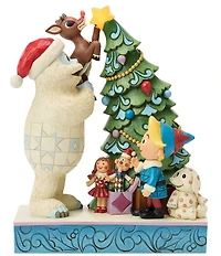 Jim Shore Rudolph Traditions Battery-Operated Light-Up Bumble Holding Rudolph by Tree Figurine