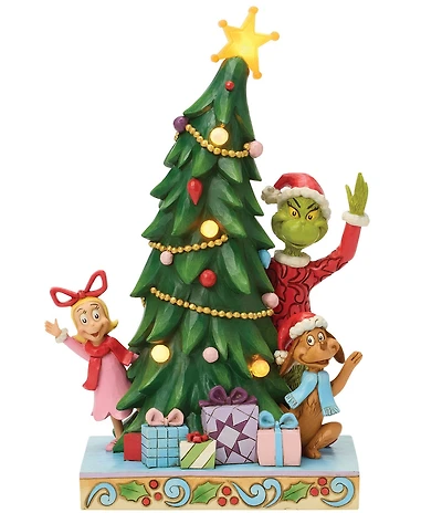 Jim Shore The Grinch Battery-Operated Grinch, Max, and Cindy Peaking From Behind Lit Tree Figurine