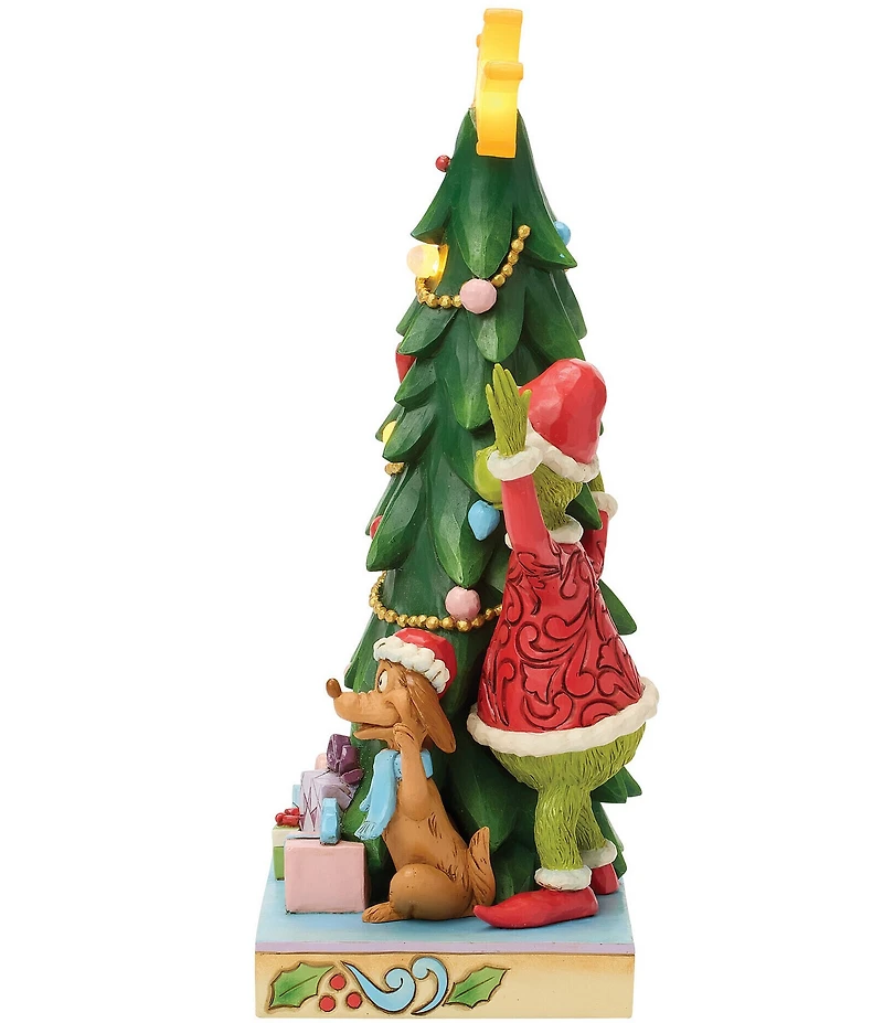 Jim Shore The Grinch Battery-Operated Grinch, Max, and Cindy Peaking From Behind Lit Tree Figurine