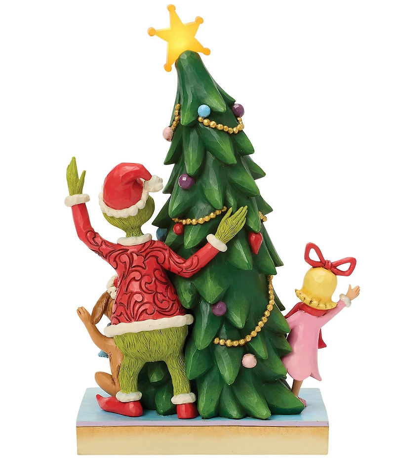 Jim Shore The Grinch Battery-Operated Grinch, Max, and Cindy Peaking From Behind Lit Tree Figurine