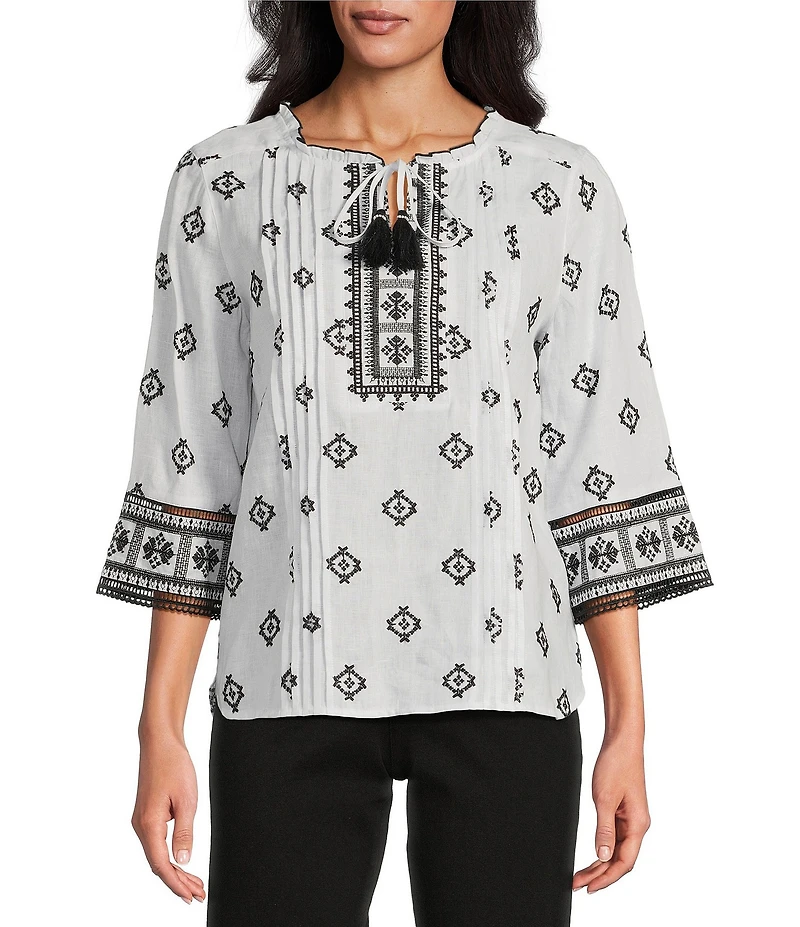 John Mark Allover Embroidered Split V-Neck 3/4 Sleeve Tassel Tie Tunic