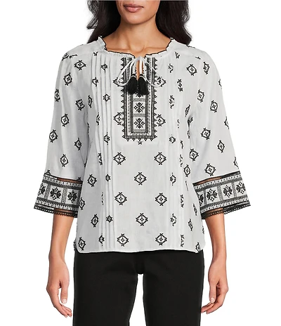 John Mark Allover Embroidered Split V-Neck 3/4 Sleeve Tassel Tie Tunic