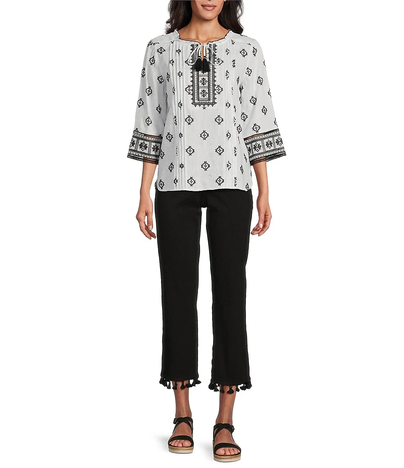 John Mark Allover Embroidered Split V-Neck 3/4 Sleeve Tassel Tie Tunic