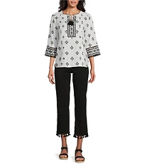 John Mark Allover Embroidered Split V-Neck 3/4 Sleeve Tassel Tie Tunic