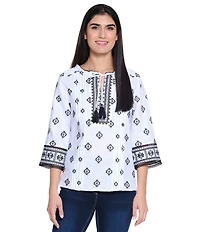 John Mark Allover Embroidered Split V-Neck 3/4 Sleeve Tassel Tie Tunic