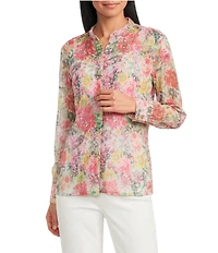 John Mark Abstract Floral Lace Mandarin Collar Long Sleeve Front Button Placket Shirt
