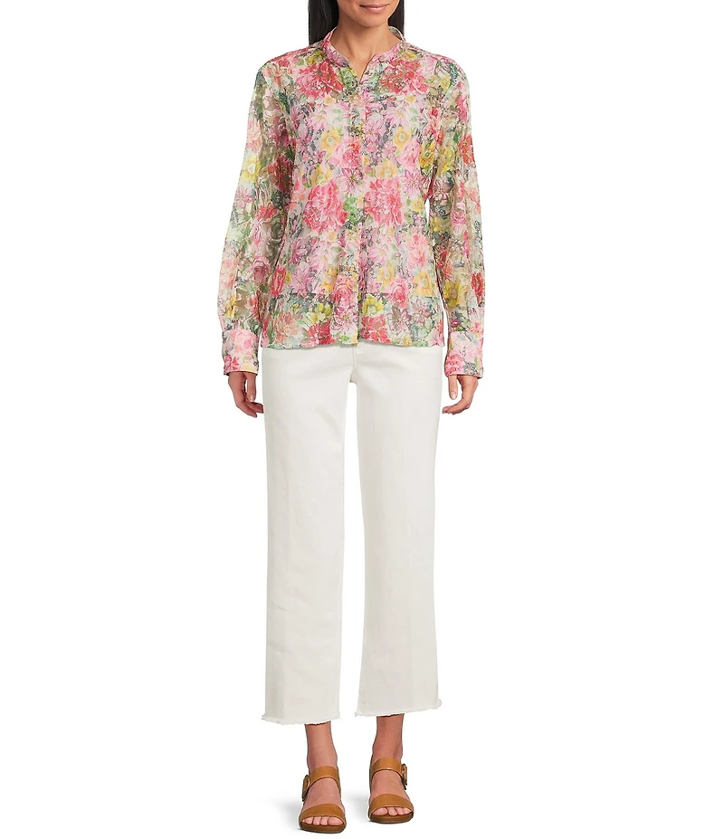 John Mark Abstract Floral Lace Mandarin Collar Long Sleeve Front Button Placket Shirt