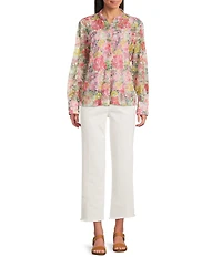 John Mark Abstract Floral Lace Mandarin Collar Long Sleeve Front Button Placket Shirt