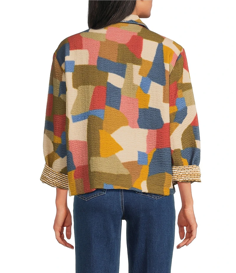 John Mark Abstract Geo Print Notch Collar Long Roll Sleeve Blanket Stitch Button Front Jacket