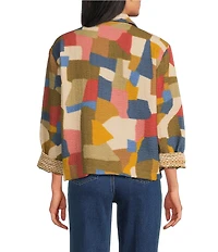 John Mark Abstract Geo Print Notch Collar Long Roll Sleeve Blanket Stitch Button Front Jacket