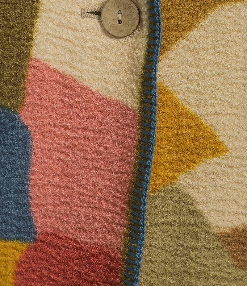 John Mark Abstract Geo Print Notch Collar Long Roll Sleeve Blanket Stitch Button Front Jacket