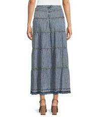 John Mark Acid Wash Tiered Button Front Midi Skirt