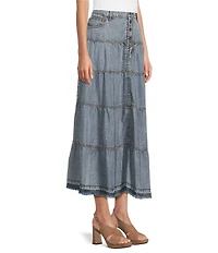 John Mark Acid Wash Tiered Button Front Midi Skirt
