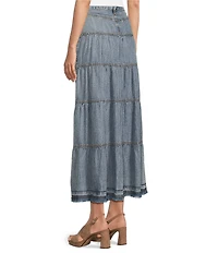 John Mark Acid Wash Tiered Button Front Midi Skirt