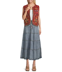 John Mark Acid Wash Tiered Button Front Midi Skirt
