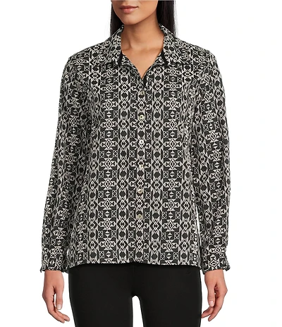 John Mark All Over Embroidered Triangular Geo Print Point Collar Long Roll Tab Sleeve Button Front Shirt