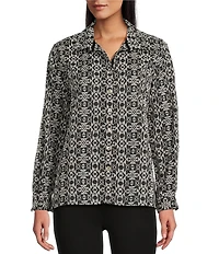 John Mark All Over Embroidered Triangular Geo Print Point Collar Long Roll Tab Sleeve Button Front Shirt