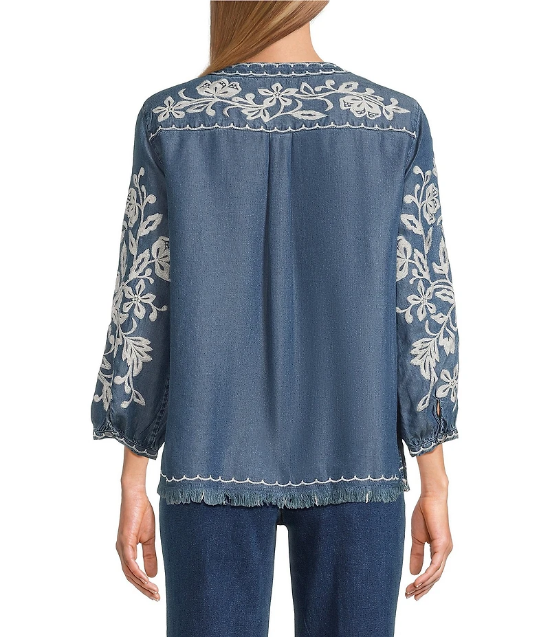 John Mark All Over Floral Embordered Band Split V-Neck 3/4 Sleeve Top