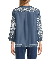 John Mark All Over Floral Embordered Band Split V-Neck 3/4 Sleeve Top