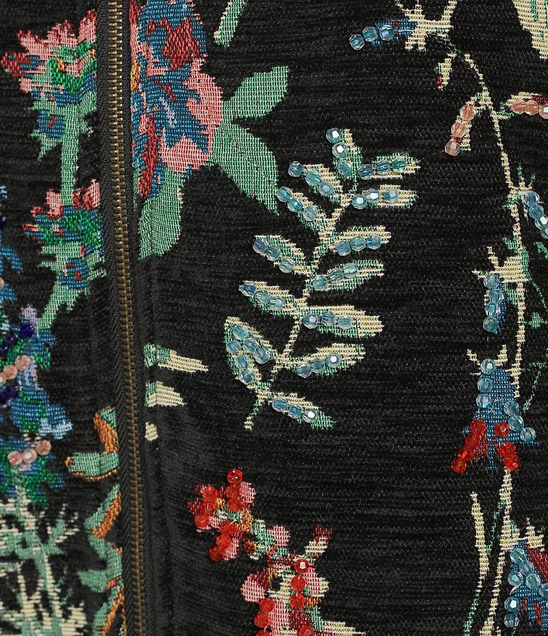 John Mark Allover Floral Jacquard Beaded Long Sleeve Ribbed Neck Zip-Front Jacket