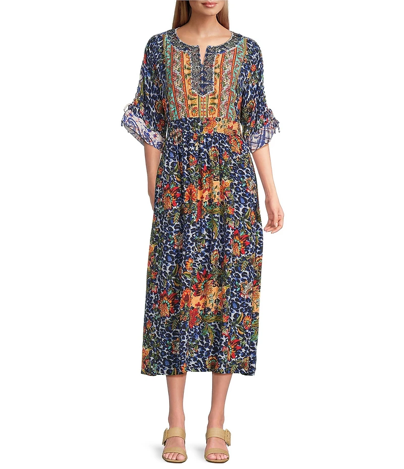 John Mark Animal Floral Embroidered Woven Scoop Neck Doman Sleeve A-Line Midi Dress