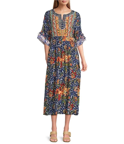John Mark Animal Floral Embroidered Woven Scoop Neck Doman Sleeve A-Line Midi Dress