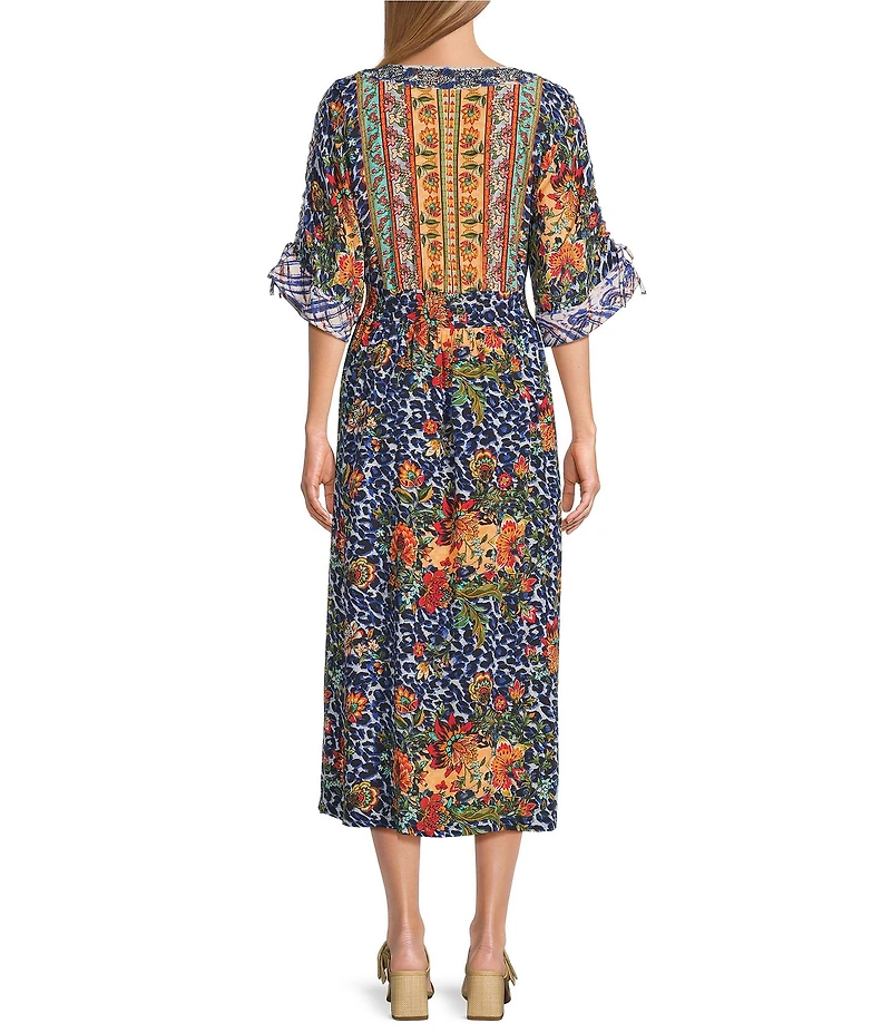 John Mark Animal Floral Embroidered Woven Scoop Neck Doman Sleeve A-Line Midi Dress