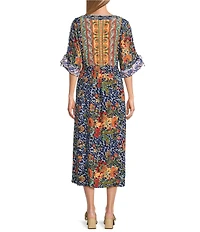 John Mark Animal Floral Embroidered Woven Scoop Neck Doman Sleeve A-Line Midi Dress