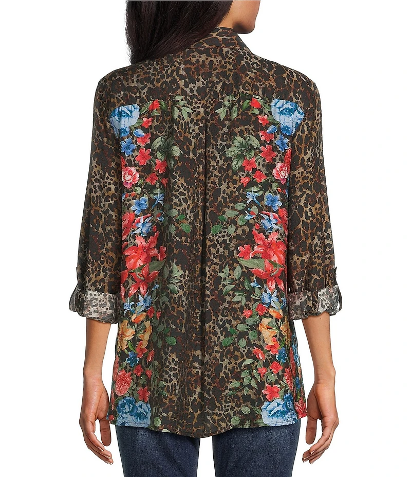 John Mark Animal Skin Floral Multi Print Point Collar Long Roll Tab Button Front Blouse
