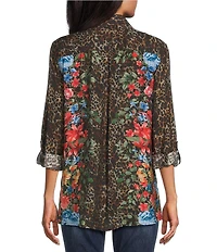 John Mark Animal Skin Floral Multi Print Point Collar Long Roll Tab Button Front Blouse