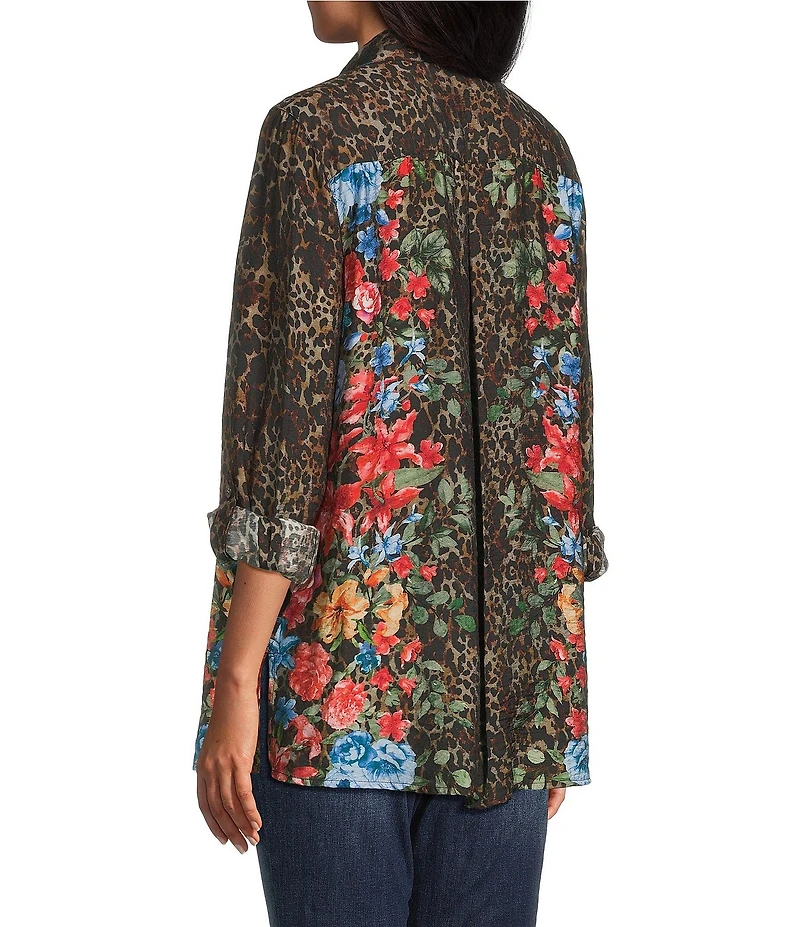 John Mark Animal Skin Floral Multi Print Point Collar Long Roll Tab Button Front Blouse