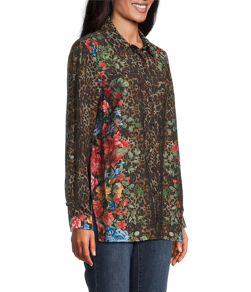 John Mark Animal Skin Floral Multi Print Point Collar Long Roll Tab Button Front Blouse
