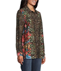 John Mark Animal Skin Floral Multi Print Point Collar Long Roll Tab Button Front Blouse