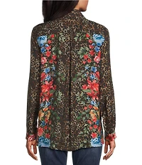 John Mark Animal Skin Floral Multi Print Point Collar Long Roll Tab Button Front Blouse