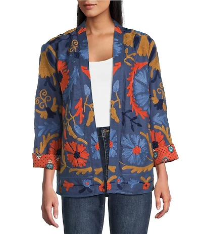 John Mark Big Scale Floral Embroidered Floral Polka Dot Print Lining Band Collar Open Front Jacket