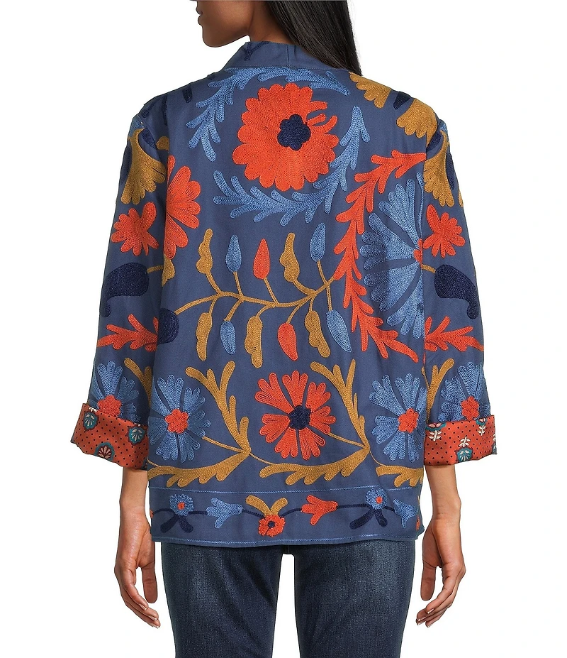 John Mark Big Scale Floral Embroidered Floral Polka Dot Print Lining Band Collar Open Front Jacket