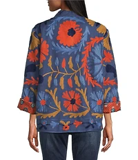 John Mark Big Scale Floral Embroidered Floral Polka Dot Print Lining Band Collar Open Front Jacket
