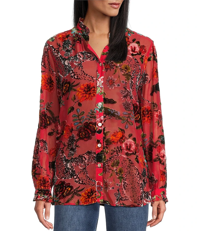 John Mark Burnout Velvet Floral Animal Print Ruffled Round Neck Long Sleeve Button Front Blouse