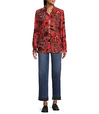 John Mark Burnout Velvet Floral Animal Print Ruffled Round Neck Long Sleeve Button Front Blouse