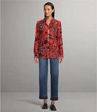 John Mark Burnout Velvet Floral Animal Print Ruffled Round Neck Long Sleeve Button Front Blouse