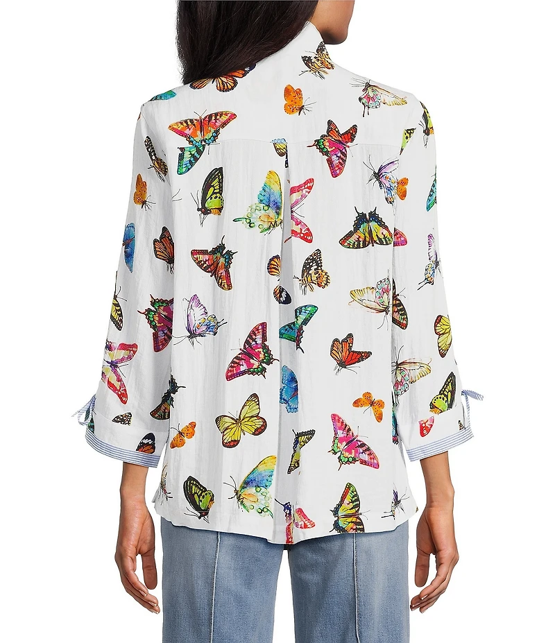 John Mark Butterfly Print Wire Collar 3/4 Sleeve Button Front Tunic