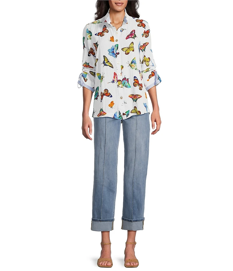 John Mark Butterfly Print Wire Collar 3/4 Sleeve Button Front Tunic